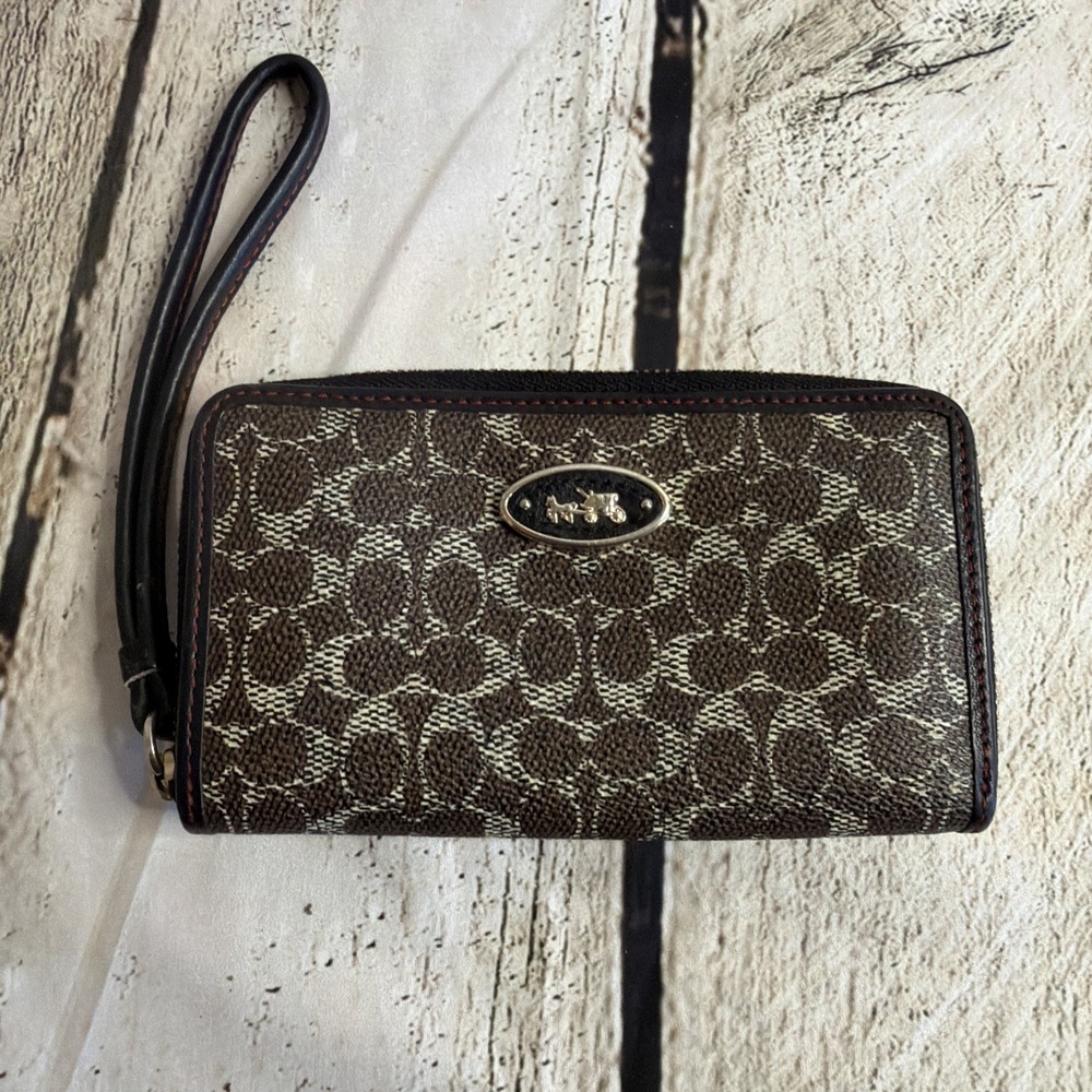 COACH Signature Coated Canvas Zip Clutch/Wristlet Wallet Purple NWOT 3.5x6in